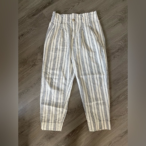 Madewell Size 4 Linen-Cotton Paperbag Pants Dark Baltic Stripe - Picture 2 of 7